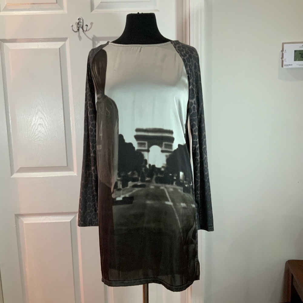 Zara Paris Cityscape Print Shift Dress Arc de Triomphe Graphic Tunic Size Large